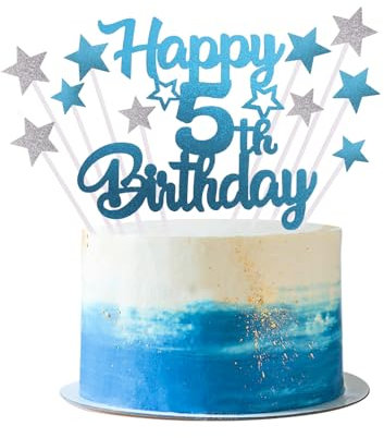 Iridsmole 5th Birthday Cake Topper, Number 5 Cake Toppers for Birthday Cake, Blue Star Cupcake Toppers, Happy 5th Birthday Cake Toppers, Blue Cake Topper for Girls Boys Birthday Decorations