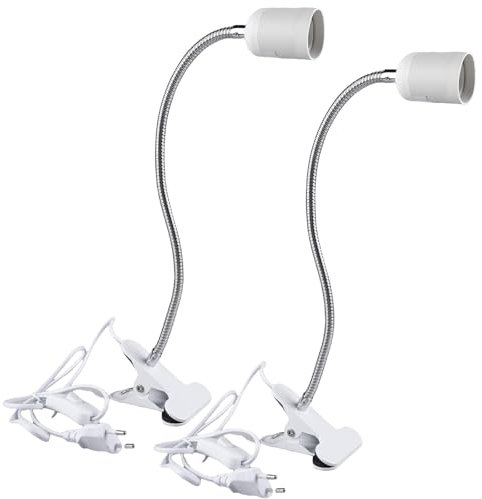 Behogan 2 lámparas con pinza, portalámparas LED E27, lámpara de sujeción ajustable 360°, lámpara de sujeción con cuello de cisne flexible e interruptor, lámpara de lectura LED para leer interior,
