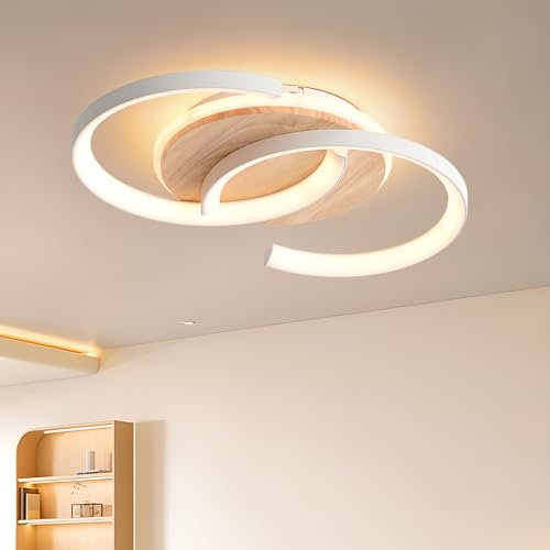 LED Deckenlampe Holz dimmbar, Holzscheite weiß „S“ 2-Ringe Modern Deckenleuchte, 28W 40cm 2800lm 3000K-6000K mit Fernbedienung, Schlafzimmerlampe, Flurleuchten, Memory-Funktion, 3W Nachtlicht