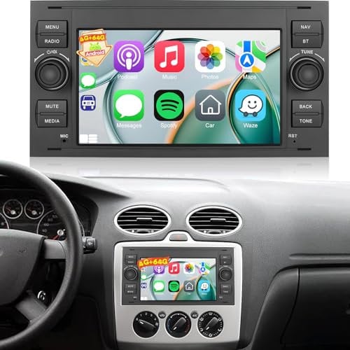 [4G+64G] Car Radio for Ford Transit Fiesta Focus Fusion Galaxy Mondeo Kuga, 7 inch Android Touch Screen Transit Stereo, 32 EQ Audio/1280 * 720 Screen/Carplay/Android Auto/SWC/Bluetooth