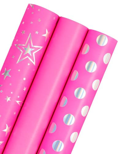 RUSPEPA rosa Geschenkpapierrolle für Mädchen – Minirolle – 3 Rollen – 43,2 cm x 3,05 m – Folien-Geschenkpapier für Kindergeburtstage von Mädchen, Babypartys, Hochzeiten, Brautpartys