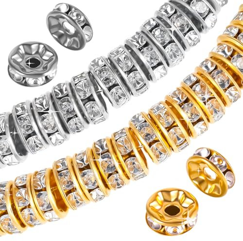 Ouligay 400 Stück Zwischenperlen für Armbänder Metall Zwischenperlen Spacer Strass Perlen zum Auffädeln 8mm Rondelle Metallperlen Spacer Beads Zwischen Perlen für Armbänder Ohrringe Halskette Schmuck