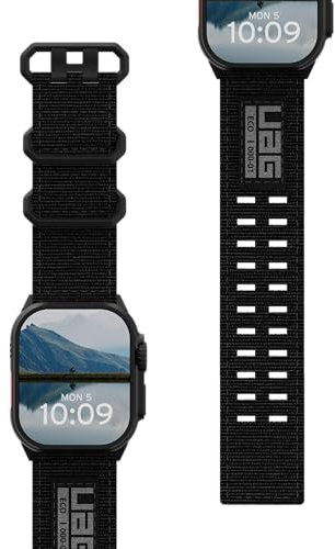 URBAN ARMOR GEAR UAG Designed for Apple Watch Band 49/46/45/44mm iWatch Series Ultra 2/Ultra/4-10/SE 2/SE Nato Eco, Secure Buckle Closure Nylon Wide Replacement Strap, Black/Black Titanium