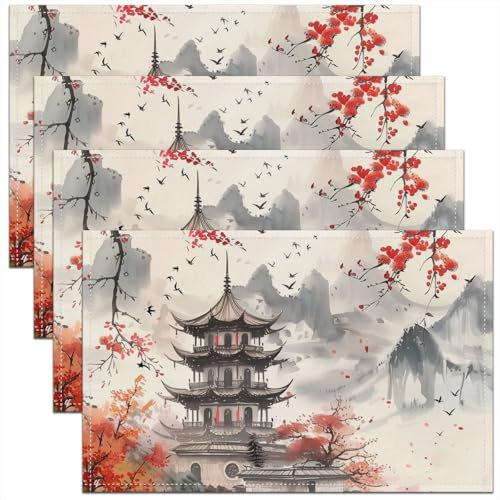 Homewish Tapis de Table Pavillons Sets de Table Japonais Sets de Table antidérapants 45x30 Lot de 4 Adolescents Adultes Fleurs Montagne Anime Chinois Encre Blanche Rouge Tapis de Table à Manger