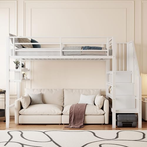 Moimhear - Letto a soppalco, 90 x 200 cm, in ferro, con ripiani, scala di accesso, spazio sotto il letto per vestirsi, ringhiera, senza materasso (Bianco)
