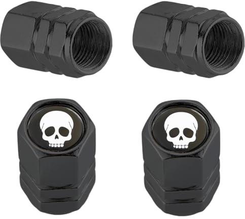 CREATCABIN 4 Stück Reifenventilkappe Mit Totenkopf Motiv Luftdicht Staubdicht Reifen Luftkappenabdeckung Radventilkappe Metall Schwarz Sechseckig Alufelgenzubehör Korrosionsbeständig 1.1x1.2cm