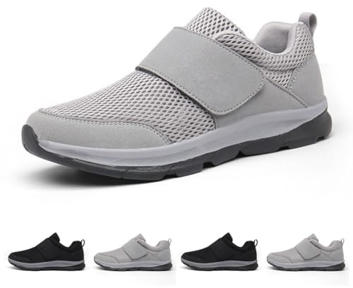 GYCF Hommes Baskets, Chaussures Orthopédiques, Extra Large Chaussures Diabétiques, Chaussures Marche pour Pieds Gonflés Réglable Âgées, Maille Respirant Baskets,Gris,43EU