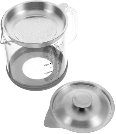 HEALEEP Filtered Oil Jug Fine Metal Strainer 1000ml Glass Grease Container Oil Storage Pot for Kitchen Cooking and Deep Fryer