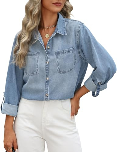 CMTOP Camisa Mujer Casual Manga Larga Vaqueras Blusas Elegantes Cuello en V Camiseta Cazadora con Botón Otoño Primavera Chaqueta Suelta Sobrecamisa T Shirts