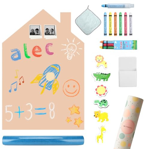Mithreel Magnettafel Kinder – Selbstklebende Wandtafel in Hausform mit Pastellfarben und Kreiden – Montessori Magnetwand – für Mädchen und Jungen – Kinder Magnettafel Wand (Sandfarben, 100 x 80 cm)