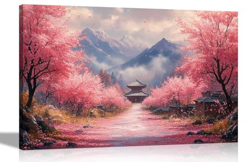 Artley Prints - Japanes Temple on Mountain with Pink Trees Canvas Wall Art Prints For Bedroom Hallway Living Room Home Decor76 x 50cm (30 x 20 inches)
