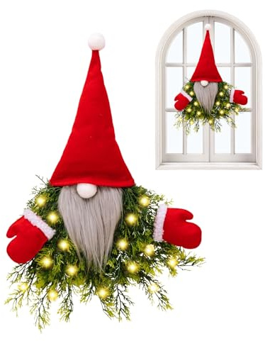 Couronne de Noël d'extérieur - Gnome avec éclairage LED - Couronne de porte lumineuse - Décoration de Noël - Pour intérieur extérieur, mur, fenêtre, cheminée, chambre à coucher, salon, jardin, cour