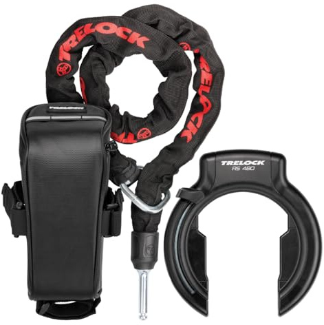 TRELOCK Rahmenschloss RS 480 AZ + Einsteckkette ZR 355 100/6 mit Satteltasche – 70,7 mm breite Öffnung
