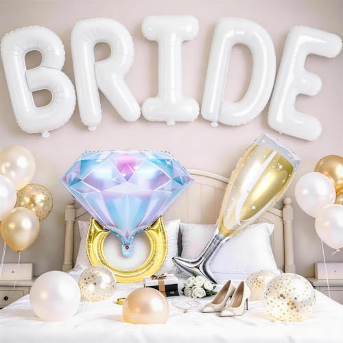 40inch White Bride Balloons with Engagement Diamond Ring Balloons Champagne Wine Glass Foil Balloon for Bride to Be Bridal Shower Engagement Bachelorette Wedding Just Married Engaged Party Decorations