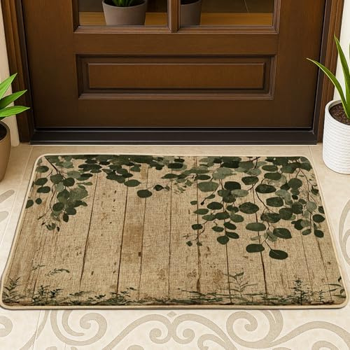 Fußmatte mit rustikalem Eukalyptus-Baum-Muster, schwarz, für den Innen- und Außenbereich, 73,2 x 43,2 cm, Bauernhaus-Fußmatte, malerische Outdoor-Fußmatte, kleine Naturland-Druckschuhe