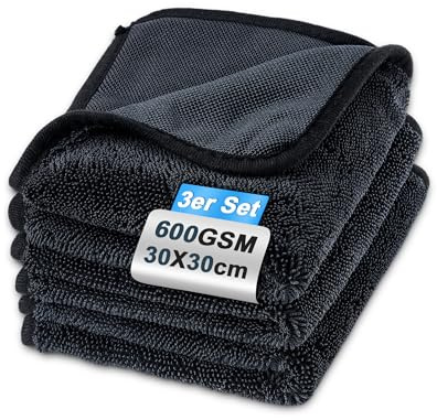 Huglux 30×30cm Microfibre Cloth 3 Pack, 600GSM Car Cleaning Cloths | Dual Sided Ultra Absorbent, Streak Free Polishing Cloth for Kitchen, Car, Glass, Household