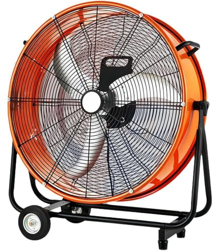 SAYEYBU 24 Inch Industrial Drum Fan, 250W High Velocity Floor Fan, 4 Speed Heavy Duty Metal Air Circulator, 130° Tilt with Casters Handle, Standard for Patios, Warehouse, Commercial,Orange,24in