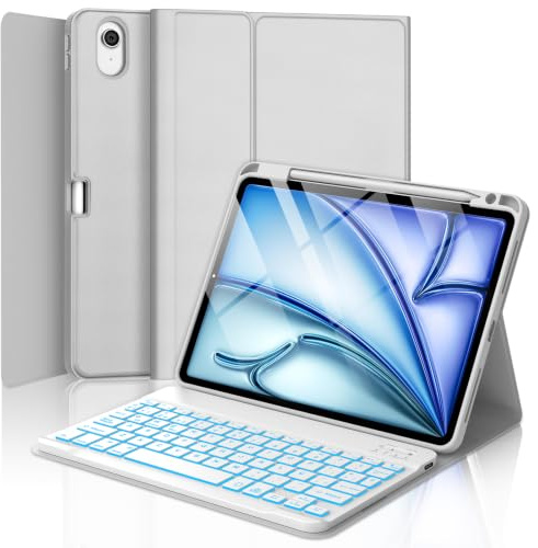Qivxinnie Funda Teclado para iPad Air 11 Pulgadas M4 M3 M2 (2026/2025/2024) | QWERTY Español Ñ, Magnético Desmontable Bluetooth Teclado, Retroiluminado de 7 Colores, Funda con Portalápices(Gris Claro)