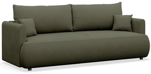 Selsey Schlafsofa 3 Sitzer mit Schlaffunktion und Bettkasten 226 cm – Olivgrün Velours Stoff – Modernes Sofa Bed für kleine Wohnzimmer & Gästezimmer