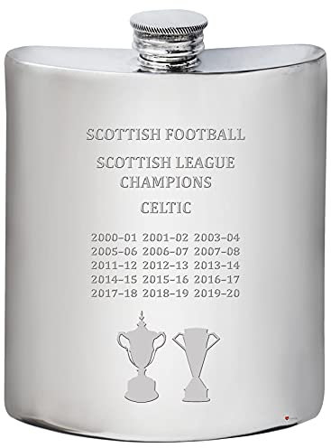 I LUV LTD 6oz Hip Flask for Glasgow CELTIC FC Scottish Division One & Premiership Titles Football Memorabilia Mens Birthday Gifts Pewter Whisky Accessories