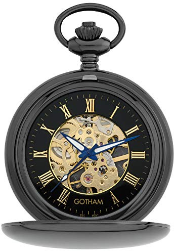 Gotham Herren Taschenuhr, 17 Juwelen, mechanisch, Doppeljäger, silberfarben # GWC14050BBK