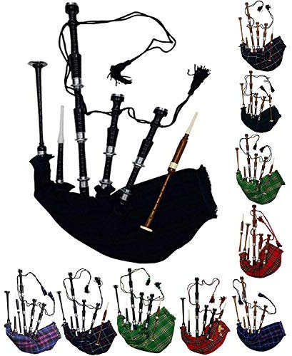 Schottischer Dudelsack in voller Größe, Palisanderholz oder braunes Finish mit silberfarbenen Halterungen, inklusive Anleitungsbuch, Tragetasche, Drohne, Schilfrohr (schwarz, schwarz)