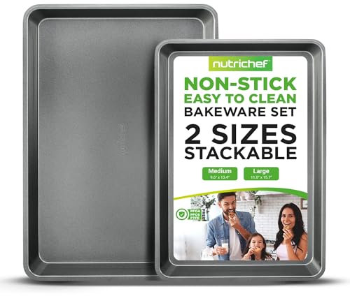 NutriChef Juego de 2 Bandejas para Hornear Antiadherentes, Tamaño Grande y Mediano, Acero al Carbono, Apilables y Fáciles de Limpiar (Gris)