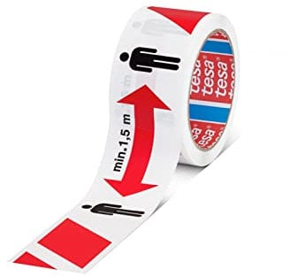 tesa SIGNAL Social Distancing Tape - Markierungsband zum Abstand halten - 1,5 m Sicherheitsabstand markieren - selbstklebend, für Innen und Außen - Weiß-Rot - 50 m x 50 mm