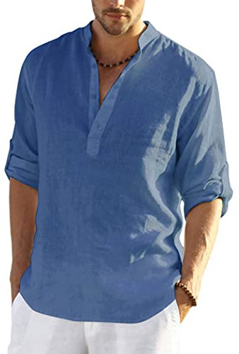 COOFANDY Men's Cotton Linen Henley T-Shirts Long Sleeve Hippie Casual Beach T-Shirts, Denim Blue, S