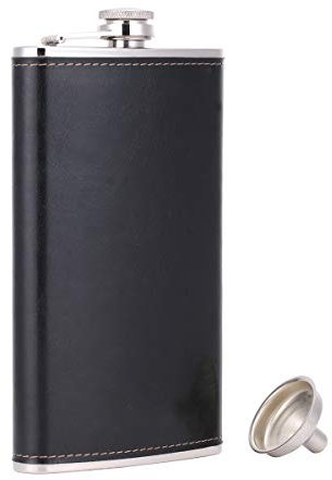 TANEAXON Flasque de Poche en PU Cuir Pour Whisky avec Entonnoir Acier Inoxydable et Boîte Noir 340 ml