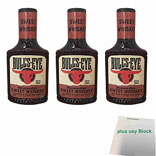 usy Bundle für Bull's Eye Sweet Whiskey Marinade & Glaze BBQ-Sauce 3er Pack (3x 300ml Flasche) + usy Block