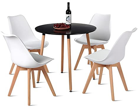 DORAFAIR Esstisch und Stühle, 1 Tisch + 4 Stühle, nordisches Design, runder schwarzer Tisch und 4 weiße Stühle