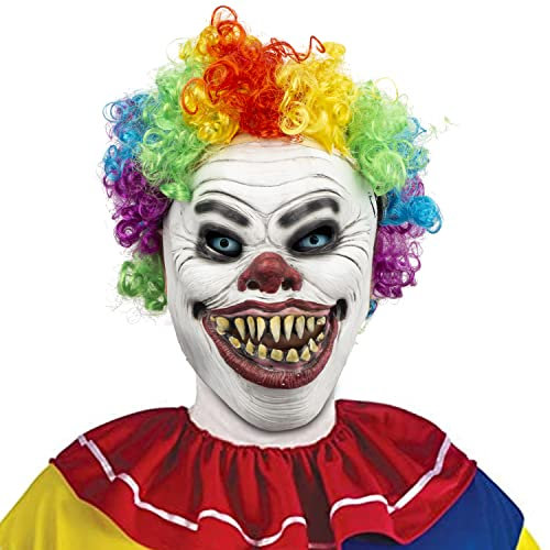 CreepyParty Clown Maske mit bunter Perücke Grusel Latex Vollkopf Masken Gruseliger Horror Masken für Halloween Karneval Kostüm Party