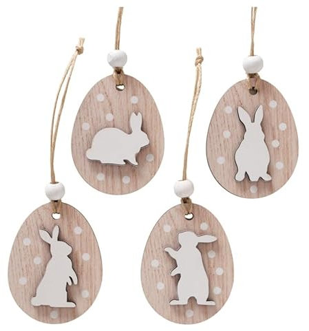 RiloStore Hänger 4 TLG Ostereier Holz Eier Hänger 7,5cm Türschmuck Wanddeko Anhänger Holzeier Osterdeko Punkte Hasen Holzdeko Ostern Dekoration