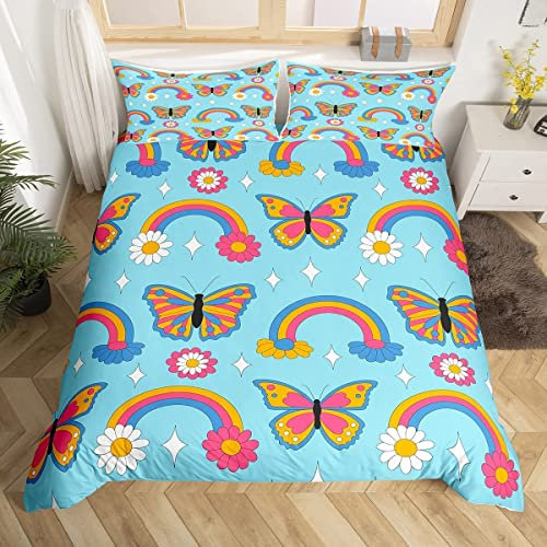 Niedlich Butterfly Regenbogen Bettbezug Set Groovy Blume Bettwäsche Set 135x200cm Retro Floral Boho Betten Set für Jungen Mädchen Jugendliche Schlafzimmer Dekor Blau Bettdeckenbezug Bettwäsche 2Stück