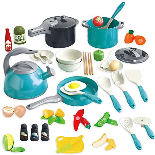 Juguetes de Cocina para niños Accesorios, 61 Piezas Utensilios Cocina Juguete con Ollas y Sartenes, Frutas y Verduras para Cortar, Juego de Roles de Chef Infantil, Regalo para Niñas Niños 3 4 5 Años