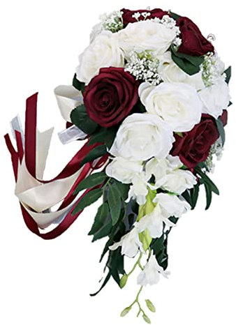 JAWSEU Brautstrauß Braut Brautjungfern Blumensträusse Hochzeit Rosen Strauß Blumenstrauß künstlicher Rosenstrauß Bouquet Deko, Wasserfall Künstliche Rosenblüten mit Schleife, Tischdekoration