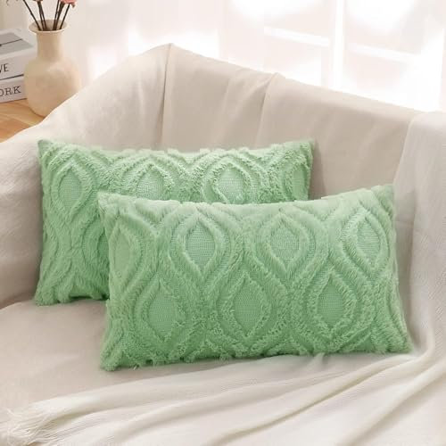 decorUhome 2er Set Kunstfell Kissenbezug 30x50 cm Dekorative Weich Plüsch Flauschig Samt Kissenhülle 30x50 cm Rechteckig Boho Neutral Kissenbezug für Sofa Salbeigrün