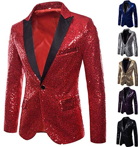 GZYshoyao Herren Pailletten Sakko Gold Glitzer Blazer Slim Fit Hochzeit Mantel Langarm Mantel Anzug Herrenjacke Performance-Kostüm für Hochzeit und Party Formelle Kleidung für Herren (Rot, XL)