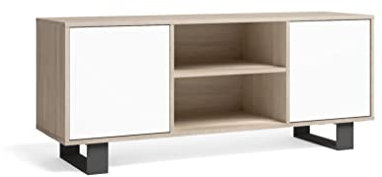 Skraut Home | Mueble TV 140 con 2 Puertas | Salón | Modelo Wind | Color Estructura Roble | Color Puertas Blanco | Medidas 140x40x57cm Altura.