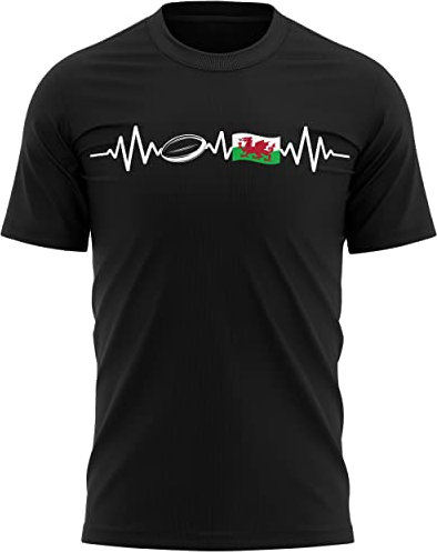 Wales Heartbeat Rugby T Shirt Mens Welsh Football Rugby Supporter Cymru Tee Top, 3XL, Black