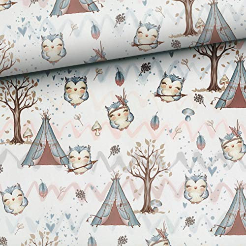 Keine Meterware, Stoffe zum Nähen, Stoff für Kinder, 100% Baumwolle: 0,5m Premium Baumwollstoff mit süße Eulen - Mädchen Waldtiere Kinderstoff - Tiere im Wald - Waldfreunde