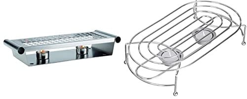 APS Speisenwärmer, Tellerwärmer, 2-flammig, matt poliert, 13,5 x 34,5 cm, Höhe 6,5 cm & axentia Stövchen in Silber, verchromtes Warmhaltegitter für 2 Teelichter, ca. 28 x 15 cm
