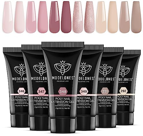 Modelones Poly Gel Nude Rosa Set mit 6 Farben Gel Nägel Selber Set Quick Extension Building Acrylgel für Starter Nail Art Nageldesign Selber Mache