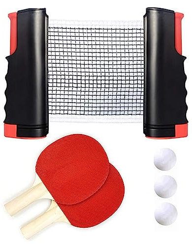 DEVESSPORT Set de Ping Pong con Red Retráctil | 2 Palas + 3 Pelotas + Red Ajustable | Red Ajustable para Mesas de Ping Pong | Juego Portátil para Interior y Exterior