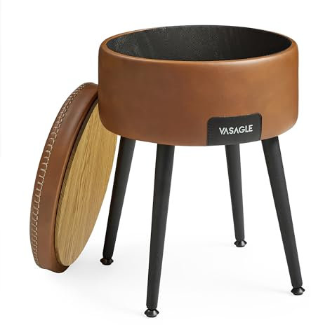 VASAGLE EKHO Collection - Storage Ottoman, Dressing Table Stool, Synthetic Leather with Stitching, Mid-Century Modern, Round Storage Stool Seat with Steel Legs, Loads 150 kg, Caramel Brown LOM005K51