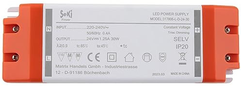 SeKi 24V DC 30W 1,25A Konstantspannungs LED Treiber TRIAC Dimmbar, Transformator, Schaltnetzteil; keine Mindestlast, kein Rauschen/LED-Flimmern, MM Zulassung