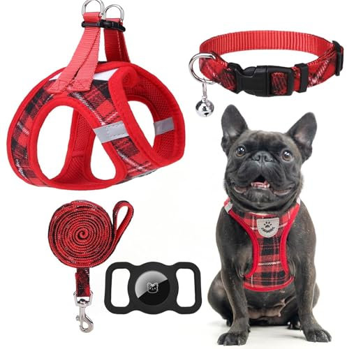 EXPAWLORER Classic Plaid Welpengeschirr – Hundegeschirr und Leine, Set aus Hundehalsband und Leine, Set mit AirTag-Halter, weich gepolstert, kein Ziehen, reflektierend, für den Außenbereich, Rot,