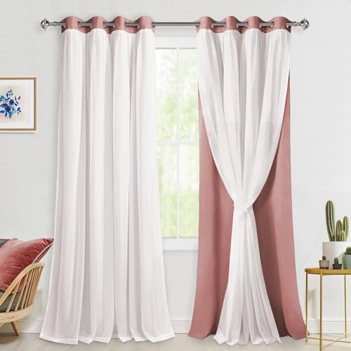 Hiasan Doppellagige Verdunkelungsvorhänge mit transparenter Überlage, extra lang, thermoisolierte Ösenvorhänge für Schlafzimmer, Wohnzimmer, 2 Paneele mit Raffhaltern, Altrosa, 132 x 274 cm (B x L)