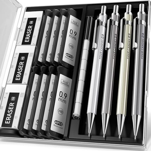 Four Candies Lot de 4 porte-mines de 0,9 mm, en métal avec 8 tubes de plomb HB #2, 3 gommes 4B et étui, porte-mines pour écrire et dessiner